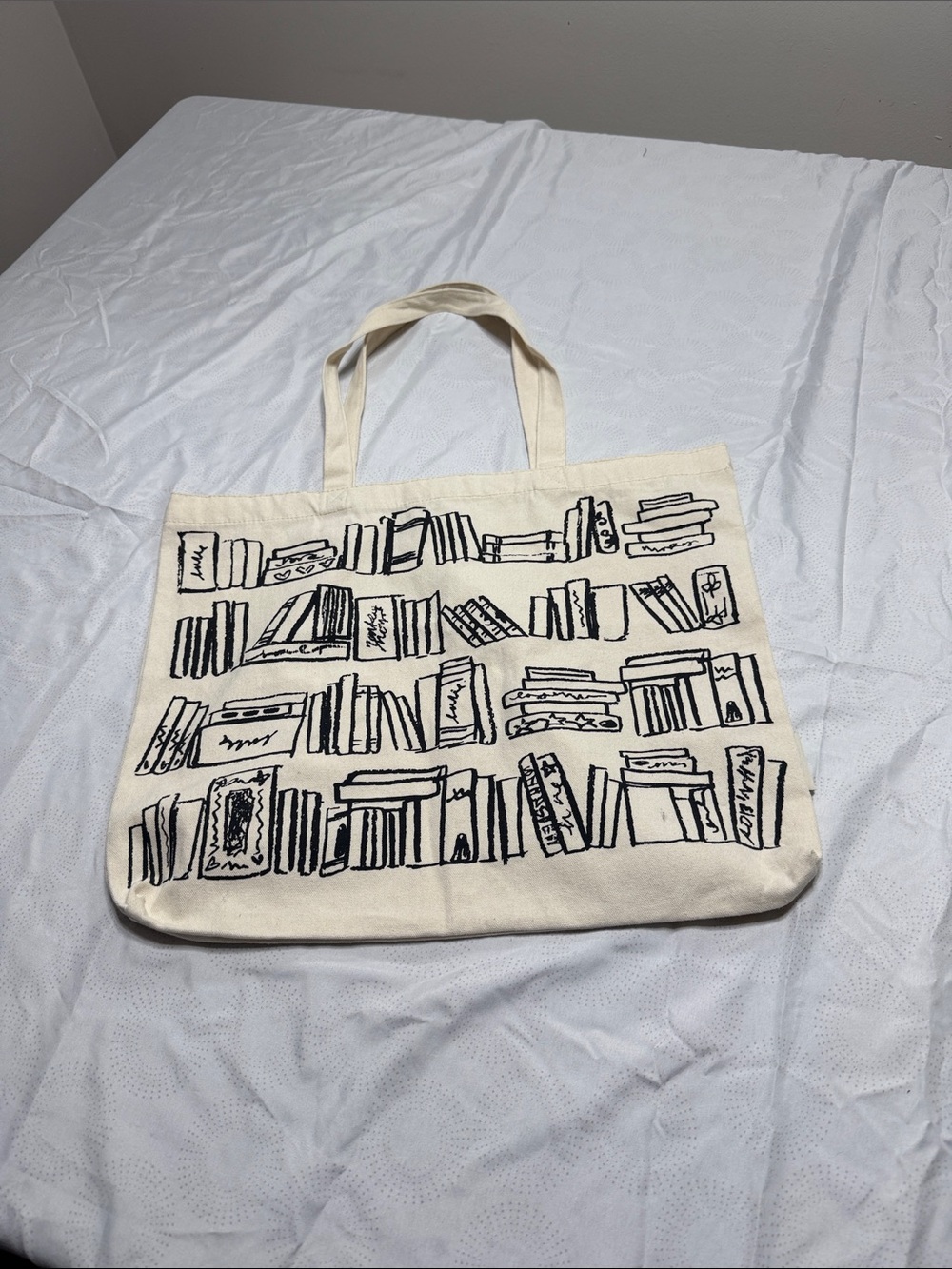 Canvas Bookprint Tote Bag - Cream with Black Shelf Design